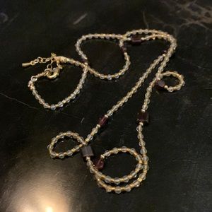 Hand knotted garnet, citrine and gold bead necklace. Handmade garnet necklace